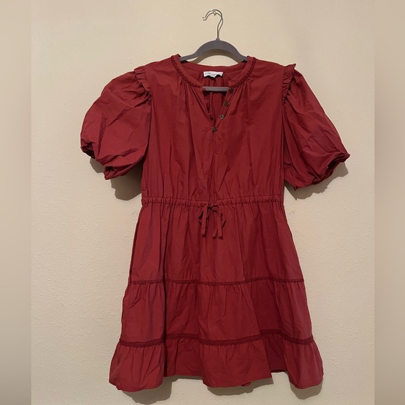 Lost + Wander Rust Short Puff Sleeve V Neck Cinched Waist Mini Dress - Picture 2 of 9